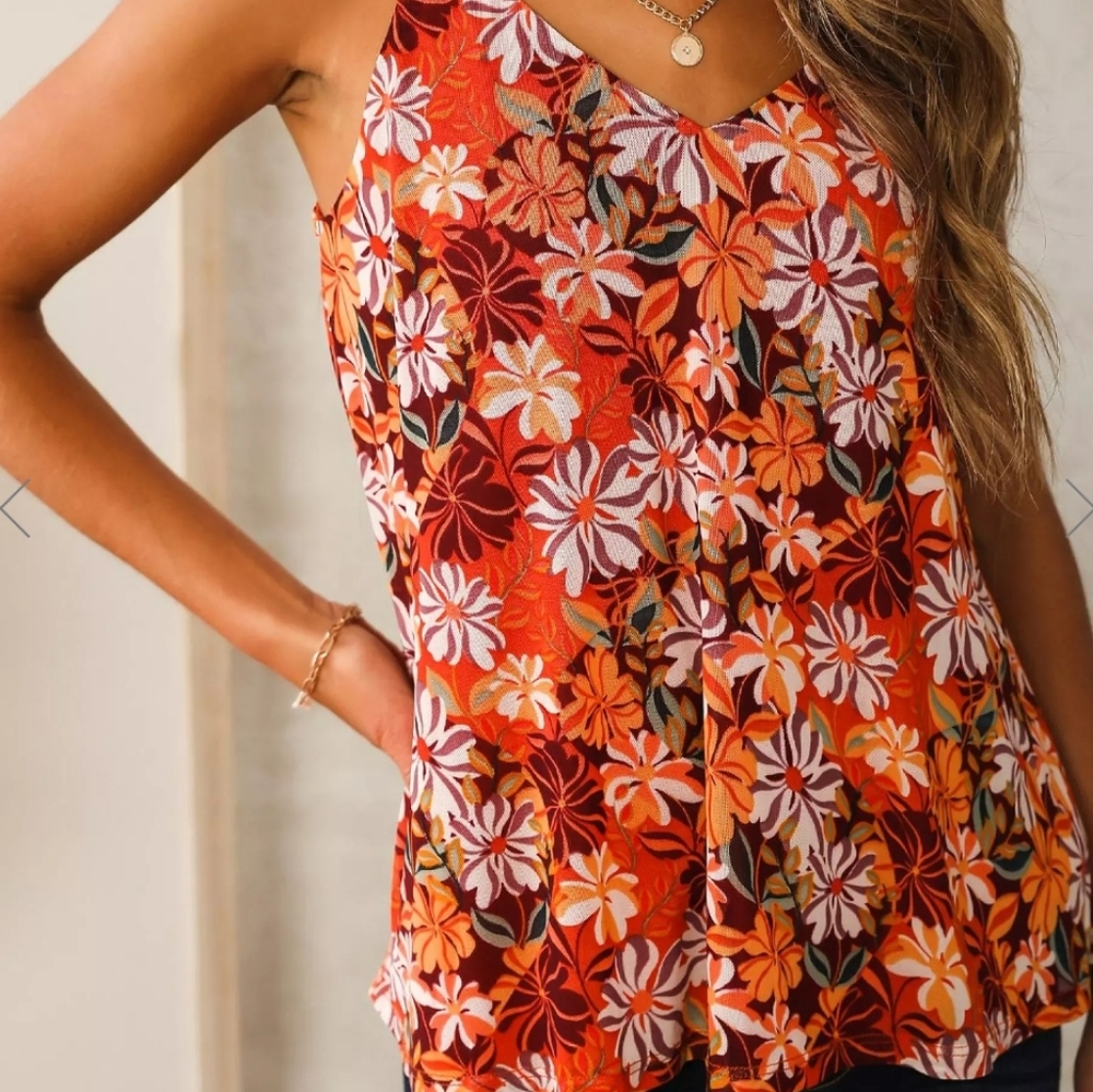 Floral Mesh Tank Top - Orange (S) - WILLOW & ROOT